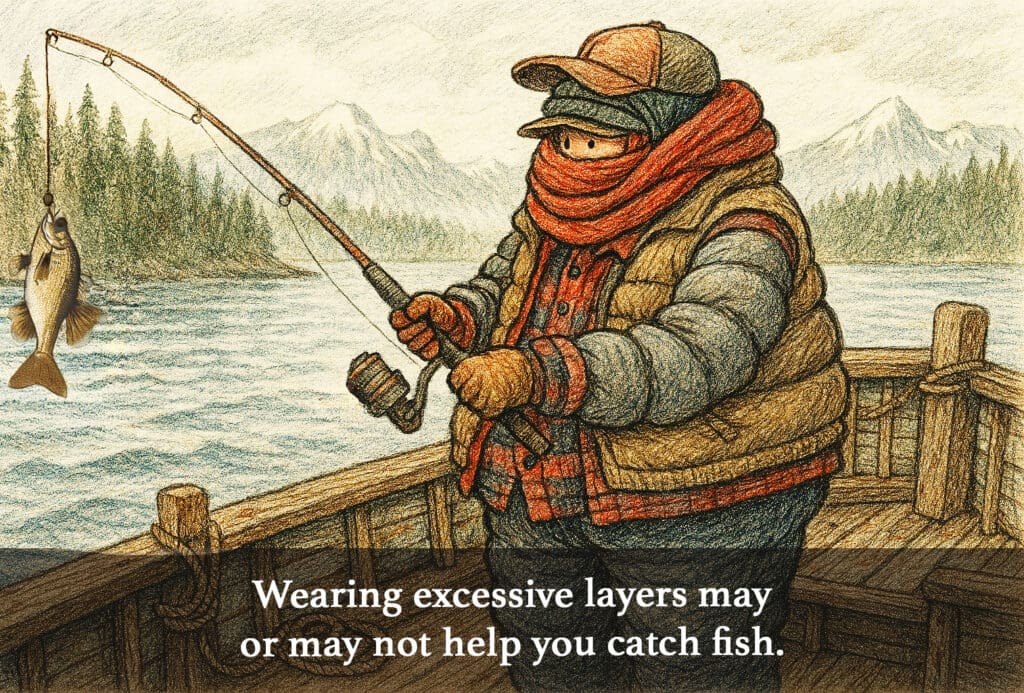 An AI-generated illustration of a fisherman heavily bundled in layers of clothing, including a puffer vest, plaid shirt, thick scarf, and hat, holding a fishing rod with a small fish on the line. The scene is set on a wooden boat with a backdrop of evergreen trees and snowy mountains. Text at the bottom reads: "Wearing excessive layers may or may not help you catch fish." An example of what to pack for an Alaska cruise.